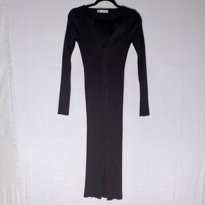 Zara Brown Ribbed Stretchy Long Sleeve V-Neck Hook & Eye Front Bodycon Dress S
